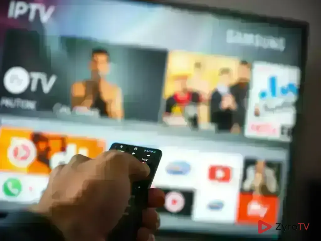 Smart TV IPTV Setup - Remote control pointing to IPTV app on Samsung TV screen